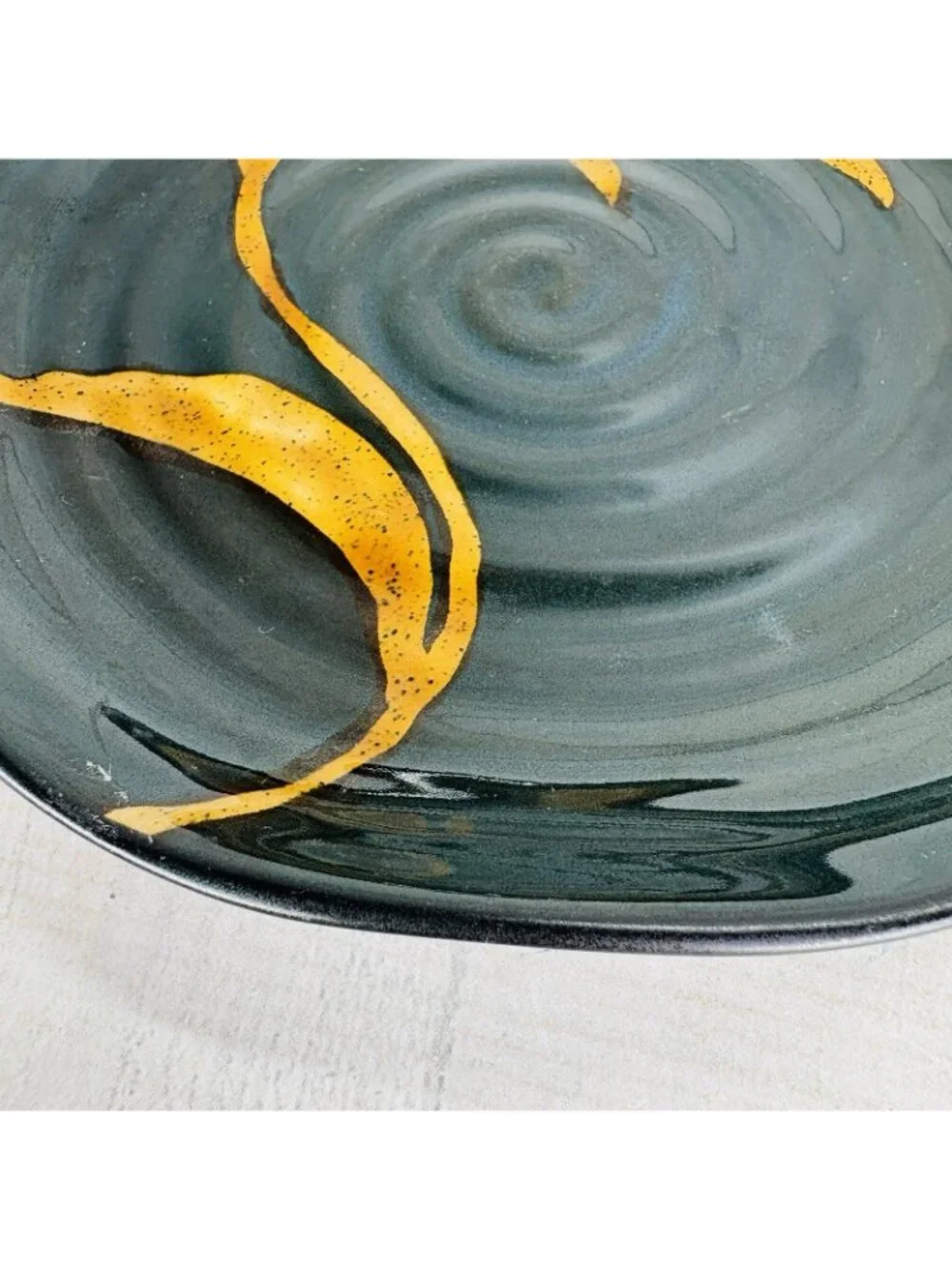 Pier 1 DAKARA Bamboo Leaf Yellow Rust Hand Painted Stoneware Plate & Bowl Set 2